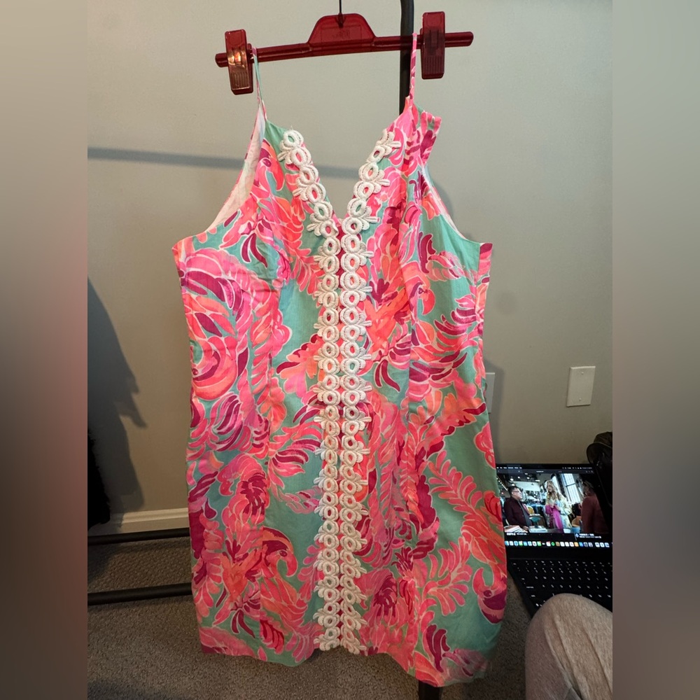 Lily Pulitzer Pink and blue Floral Dress with White Trim